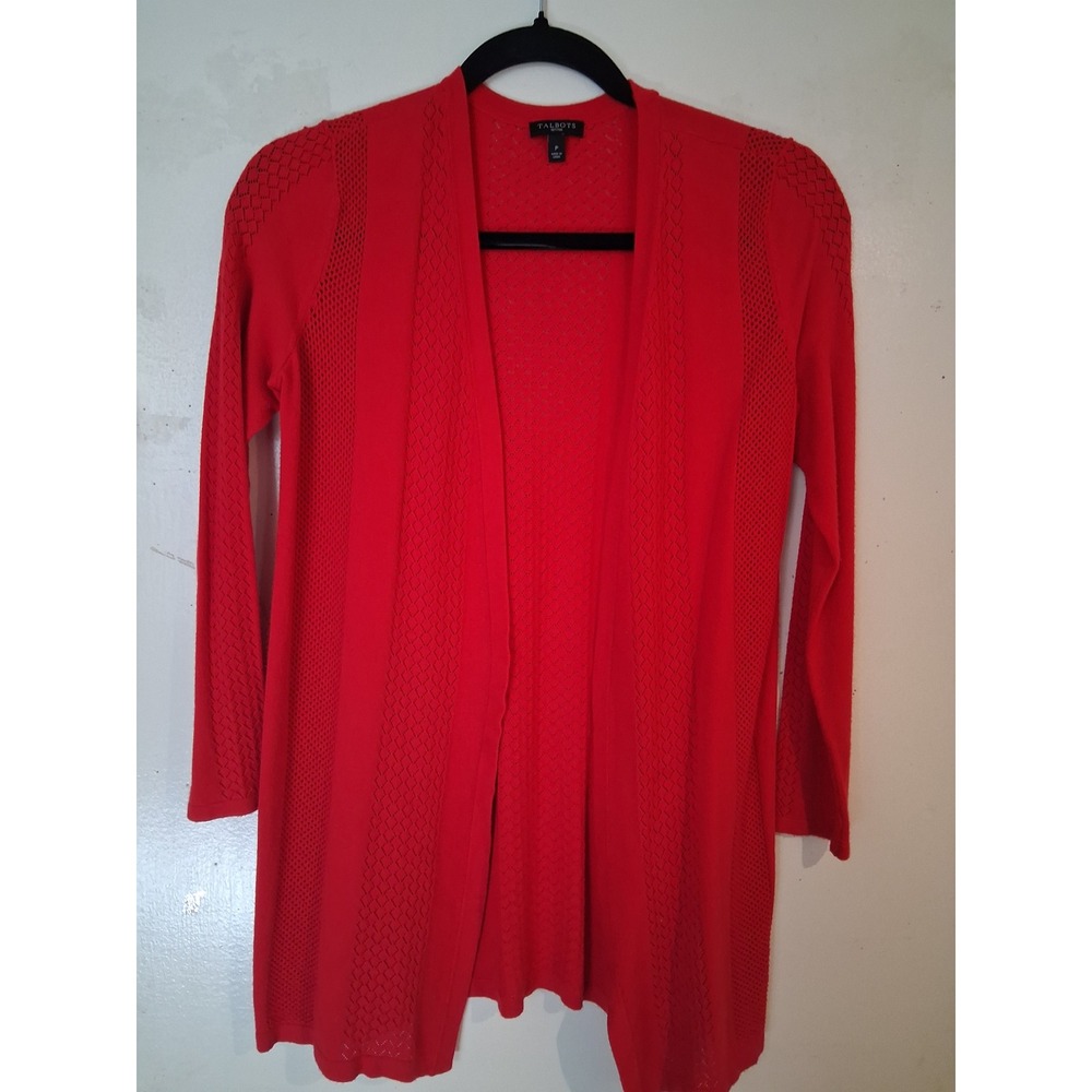 Talbots Petites Red Open Front Pointelle Knit Cardigan Sweater Size P Longline